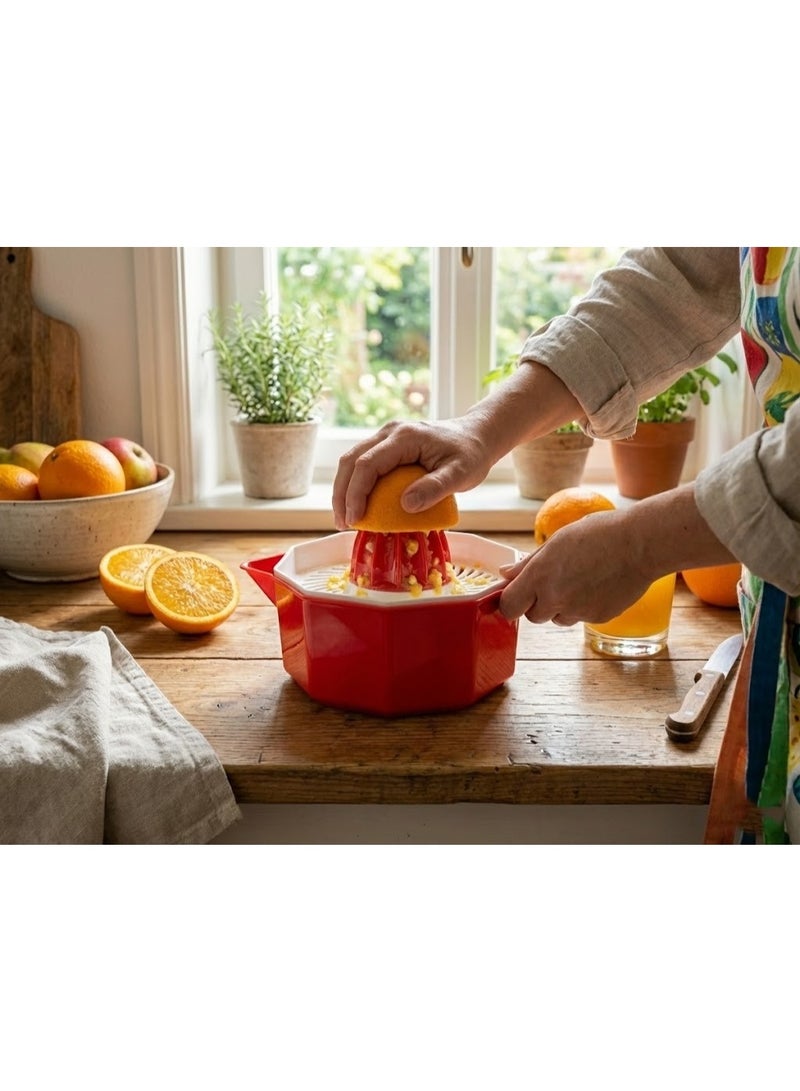 Manual Citrus Juicer & Orange Squeezer with Strainer and Pour Spout - Portable Plastic Hand Press for Fresh Juice - Bright Red - Image 3